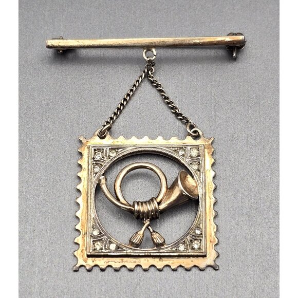 Estate Jewelry - Antique 835 Silver Repousse Horn Brooch 2" Dangling Chain Rose Cut Gemstones